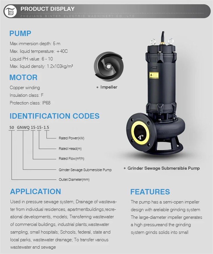 50GNWQ15-15-1.5 Cutting Type Industrial Waste Water Sewage Submersible Pump