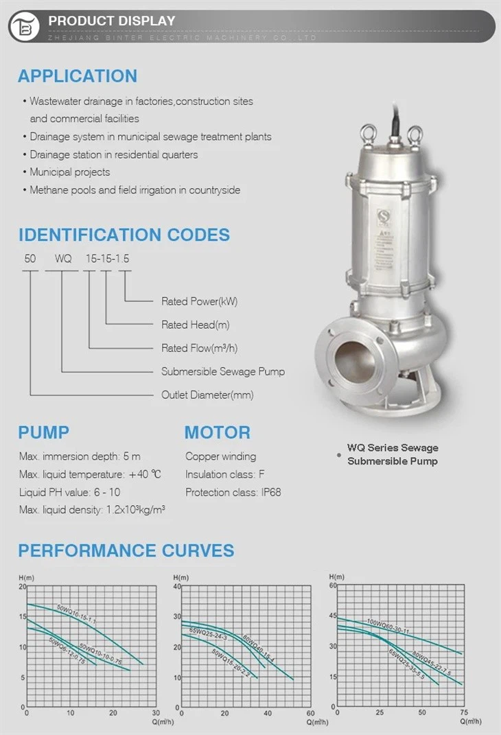 Professional 150WQ100-10-5.5S Slurry Stainless Steel Sewage Submersible Pump Professional 150WQ100-10-5.5S Slurry Stainless Steel Sewage Submersible Pump